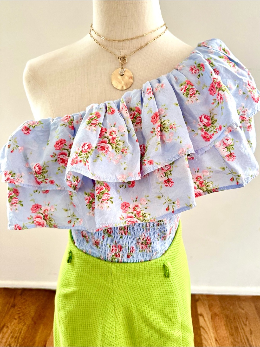 Abercrombie & Fitch Blue Floral One Shoulder Smocked Top Ruffle Cropped M